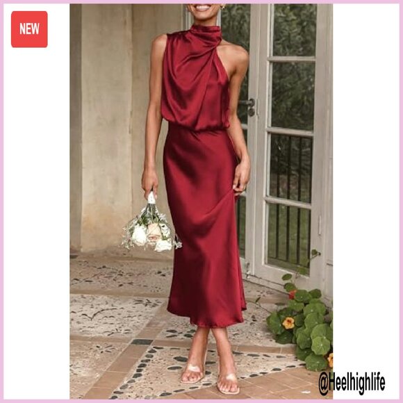 Satin Maxi Dress Sleeveless Mock Neck Formal Cocktail Party - Picture 7 of 8